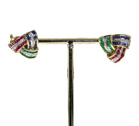 Pair Of 14K Yellow GOLD Channel Set Crossover Earring SAPPHIRES, RUBY'S, EMERALDS And DIAMONDS