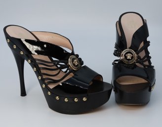 VERSACE Black Patent Leather And Wooden Platform Shoes -Shippable