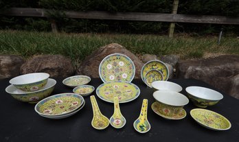 Vintage Chinese Yellow Famille Rose  Porcelain Dinnerware-stamped