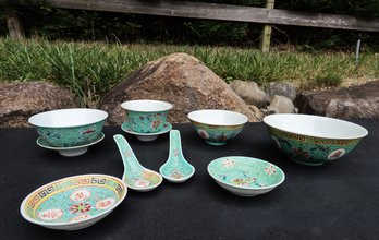 Vintage Chinese Famille Rose Turquoise Porcelain Dinnerware- Stamped