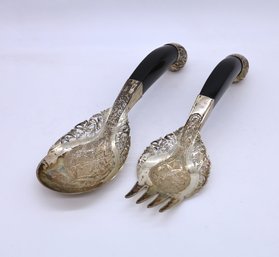 Pair 150's Silver And Horn Serving Pieces