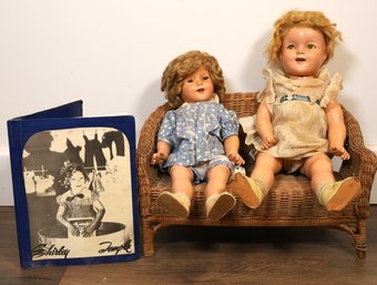 2 VINTAGE SHIRLEY TEMPLE DOLLS  AND BENCH -SHIPPABLE