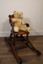 CHILDRENS ANTIQUE CHAIR AND TEDDY BEAR