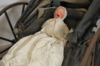 ANTIQUE WAGON AND RARE SCREAMING CRYING BABY DOLL