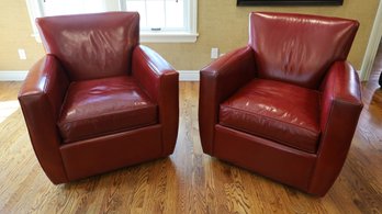 Pair Of Crate & Barrel Leather Swivel Armchairs