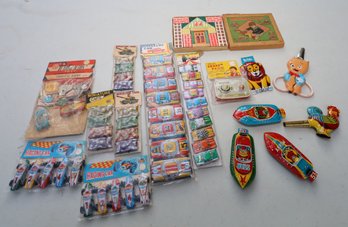 VINTAGE PACKAGED TIN CARS,BUILDING BLOCKS, NOISE MAKERS, SCISSORS MORE