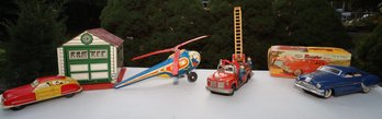 VINTAGE TOY HELICOPTER, FIRE TRUCK, CARS AND GARAGE COLLECTION