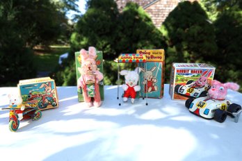 VINTAGE WIND UP TOYS OF RABBITS AND BUNNYS