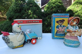 VINTAGE BATTERY OPERATED TIN CHICKEN AND BEARS WITH ORIGINAL BOXES