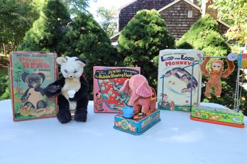 VINTAGE BATTERY OPERATED ELEPHANT,MONKEY AND BEAR TOYS WITH ORIGINAL BOXES