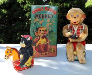 VINTAGE  BUBBLE BLOWING MONKEY AND TIN HORSE AND BEAR TOYS