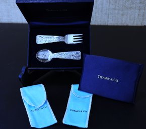 TIFFANY And Co ABC Bears Baby Spoon And Fork Utensil Sterling Silver With Box