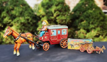 VINTAGE OERLAND STAGE COACH AND OLD WAGON TRAILS TOYS