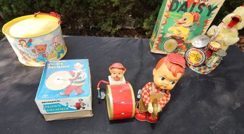 VINTAGE DRUM, CLOWNDRUMMER, DRUMMING DUCK AND BOY WITH CYMBOLS