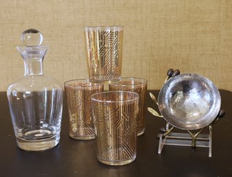 Barware Glasses , Decanter And Michael Aram Nut Dish