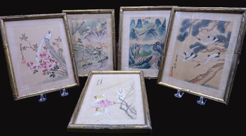 5 Chinese Hand Painted On Silk Vintage Art