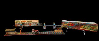 VINTAGE TIN LITHO SHUTTLE AND EXPRESS TRAIN TOYS