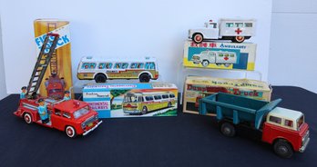 VINTAGE TRUCKS AND BUS TOY WITH ORIGINAL BOXES