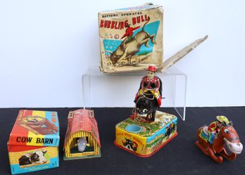 VINTAGE TOY COWBOY,BULL AND TALKING COW