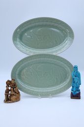 VINTAGE TURQUOISE CHINESE IMMORTAL, CHINESE SOAPSTONE  AND 2 OVAL KOI SERVING PLATES