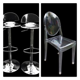 Pair Of Vintage Acrylic And Chrome Bar Stool And A Vintage Ghost Chair