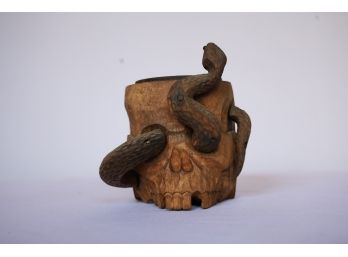 Antique Wooden Scull Mug With Serpent 4'H