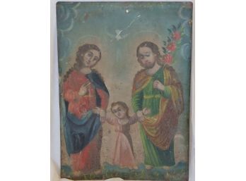 Antique Mexican Retablo Of The Holy Family (La Sagrada Familia)