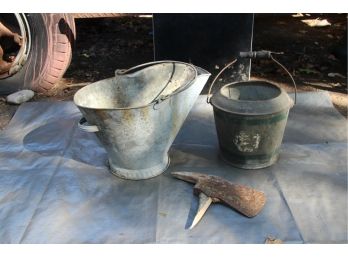 VINTAGE BUCKETS AND ANTIQUE AXE HEAD