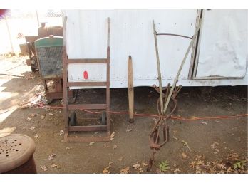 ANTIQUE PLOW, YOKE AND WOODEN HAND TRUCK