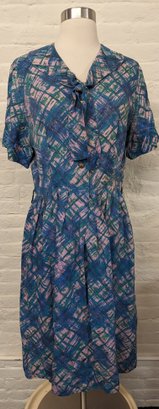 1940s Mod Abstract Plaid Rayon Dress 30' Waist