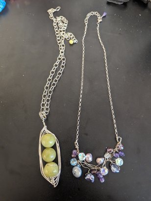 Two Artisan Made Wire Wrap Necklaces Silver Amethyst Serpentine Pearl Crystal