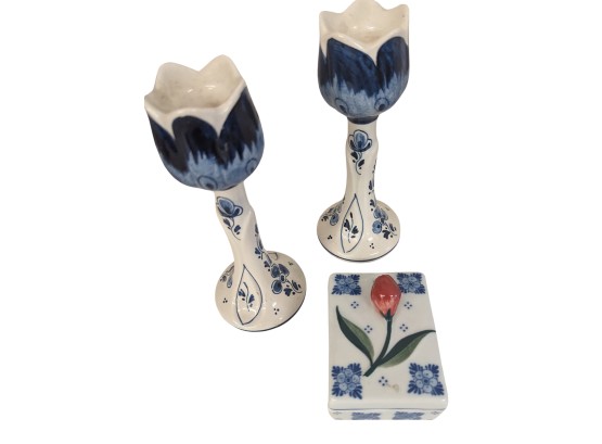 Delft Delfleur Holland Candle Holders And Trinket Box