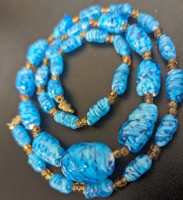 Vintage Murano Glass Bead Necklace Aqua Blue Glass