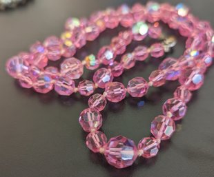 Vintage Pink Aurora Borealis  Faceted Crystal Bead Necklace
