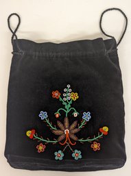 Vintage Metis Beadwork Embroidery On Velvet Pouch Bag