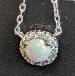 Sterling Fire Opal Necklace W Diamond Halo