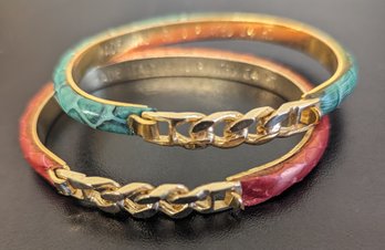 Vintage Italy 24k Plated Leather Snakeskin Two Hinge Bangles