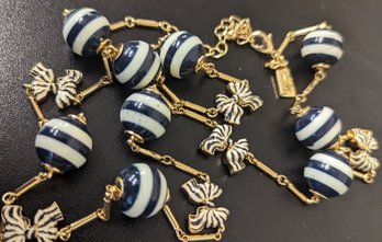 Kate Spade Blue Striped Beads And Bows 30' Necklace