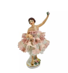 Vintage Dresden Miniature Lace Dress Ballerina Dancer Porcelain Figurine With Flower