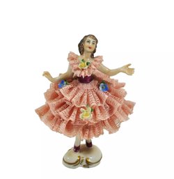 Vintage Dresden Miniature Lace Dress Ballerina Dancer Porcelain Figurine