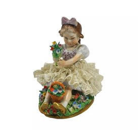 Vintage SITZENDORF Germany Dresden Lace Porcelain Figurine Little Girl W/Flowers