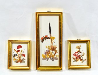 Set 3 Vintage Miniature Pictures Reichlin Switzerland Dry Flowers & Butterfly