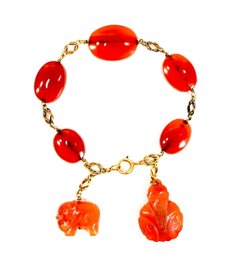 Vintage Carnelian & 14k Gold Bracelet Carved Buddha And Elephant