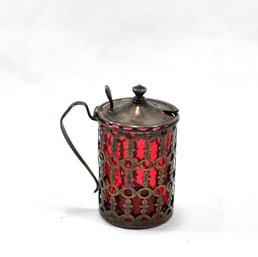 Antique Edwardian Sterling Silver Mustard Pot With Cranberry Glass Insert