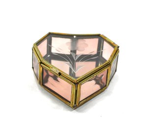 Vintage Via Vermont Smoky Rosy Pink Glass Brass Heart Shaped Jewelry Box