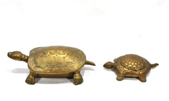 Lot 2 Vintage Solid Brass Turtle Trinket Boxes