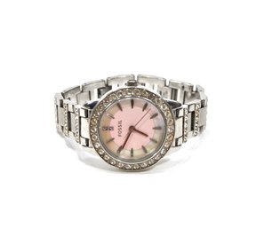 Original FOSSIL Women's Watch Vibrant Pink Blue Mother Of Pearl Dial Crystal Bezel