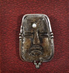 Antique Sterling Silver Tribal Carved Stone Face Brooch/Pendant