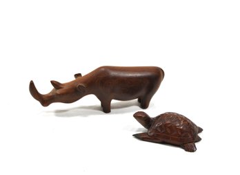 Lot 2 Vintage Hand Carved Wood Figures Rhino & Turtle