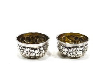 Pair Antique Moore & Leding Sterling Silver Flower Repousse Miniature Bowls